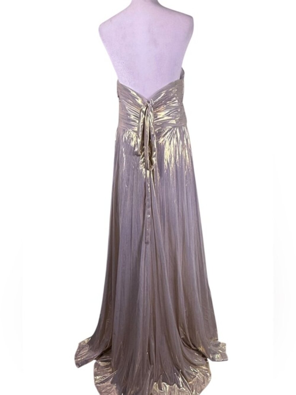 Metallic Champagne Gold Strapless Corset Formal Gown High Slit Size 14 - Picture 5 of 10